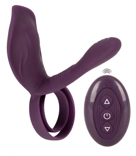 Фиолетовая насадка на член с клиторальным отростком и пультом ДУ RC Couple’s Vibrator 2 - Orion - в Одинцово купить с доставкой