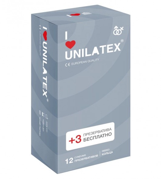 Презервативы с рёбрами Unilatex Ribbed - 12 шт. + 3 шт. в подарок - Unilatex - купить с доставкой в Одинцово