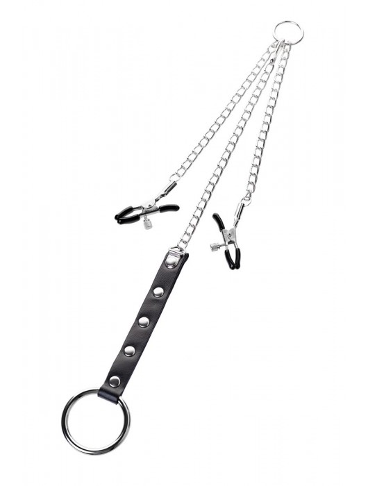 Серебристо-чёрные зажимы для сосков с кольцом для пениса TOYFA Metal - ToyFa - купить с доставкой в Одинцово